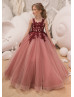 Maroon Lace Applique Tulle Corset V Back Floor Length Flower Girl Dress